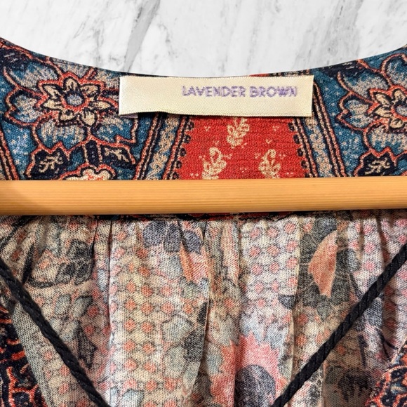 Boho Lavender Brown Top Bell Sleeves Small Floral Pattern Tie Scoop - Picture 3 of 7